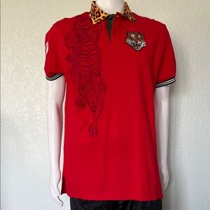 AKOO Red Tiger Graphic Polo Shirt Men’s Large Leopard Collar Streetwear